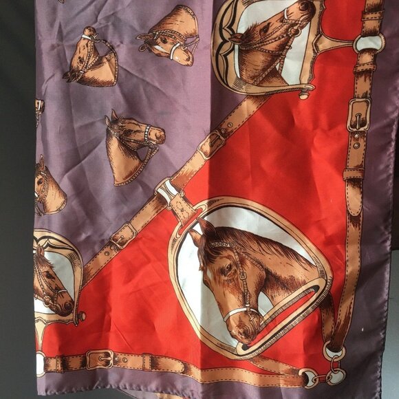 Vintage Horse Print Square Scarf Orange & Purple All Acetate Made In Japan - Picture 3 of 6
